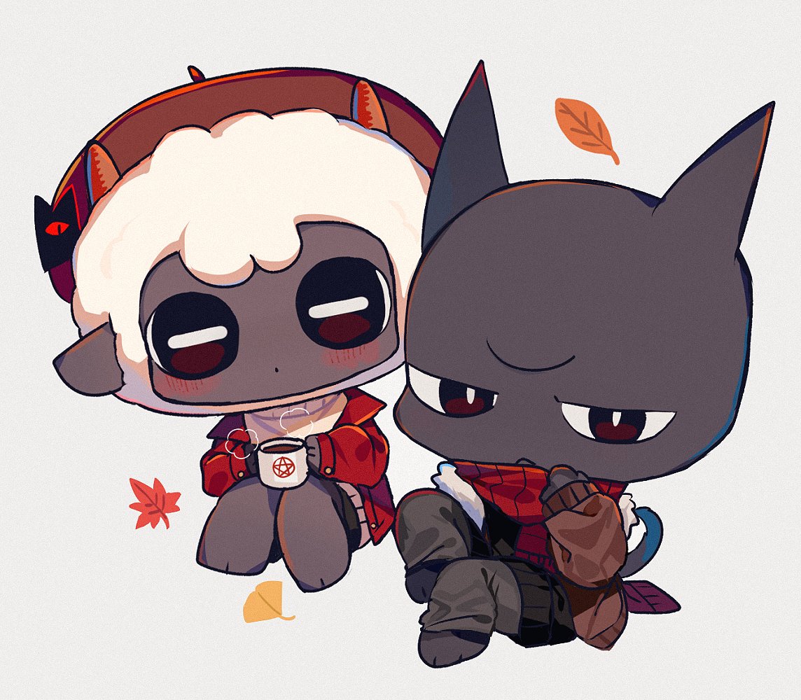 animal_ears, baal_(cult_of_the_lamb), blush, brown_jacket, cat, cat_ears, cat_tail, closed_mouth, coffee, commentary, extra_eyes, furry, furry_male, grey_pants, horns, inudogsaikou, jacket, leaf, maple_leaf, open_mouth, pants, red_crown_(cult_of_the_lamb), red_jacket, sheep, sheep_ears, sheep_horns, sitting, sweater, symbol-only_commentary, tail, the_lamb_(cult_of_the_lamb), white_sweater, wool