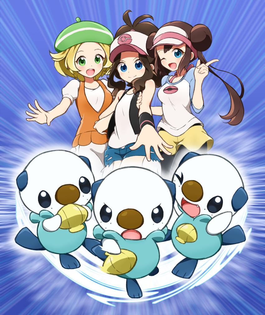 3girls, :d, absurdres, baseball_cap, beret, bianca_(pokemon), black_pantyhose, black_vest, blonde_hair, blue_eyes, bow, brown_hair, cutoffs, denim, denim_shorts, double_bun, doughnut_hair_bun, dress, exposed_pocket, green_eyes, green_headwear, hair_bun, hat, high_ponytail, highres, hilda_(pokemon), holding_another's_arm, legwear_under_shorts, long_hair, mijumaruko, multiple_girls, one_eye_closed, orange_vest, oshawott, pantyhose, pink_bow, pointing, pokemon, pokemon_(game), pokemon_bw, pokemon_bw2, raglan_sleeves, reaching_out, rosa_(pokemon), shirt, short_hair, short_shorts, short_sleeves, shorts, sidelocks, sleeveless, sleeveless_shirt, smile, tank_top, twintails, vest, visor_cap, white_dress, white_shirt, wristband, yellow_shorts
