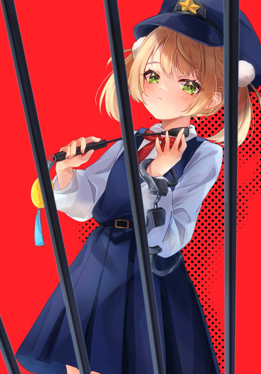 1girl, adapted_costume, aged_down, bars, bel, blonde_hair, blue_dress, blue_headwear