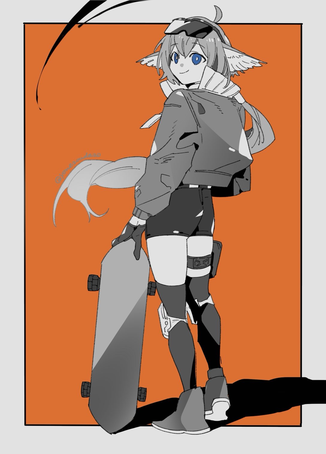 1girl, aciddrop_(arknights), ahoge, arknights, black_gloves, blue_eyes, eyewear_on_head, from_behind