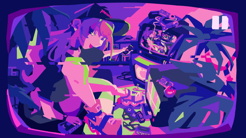 1girl, absurdres, apple, bangs, bare_legs, baseball_cap, black_choker, black_headwear