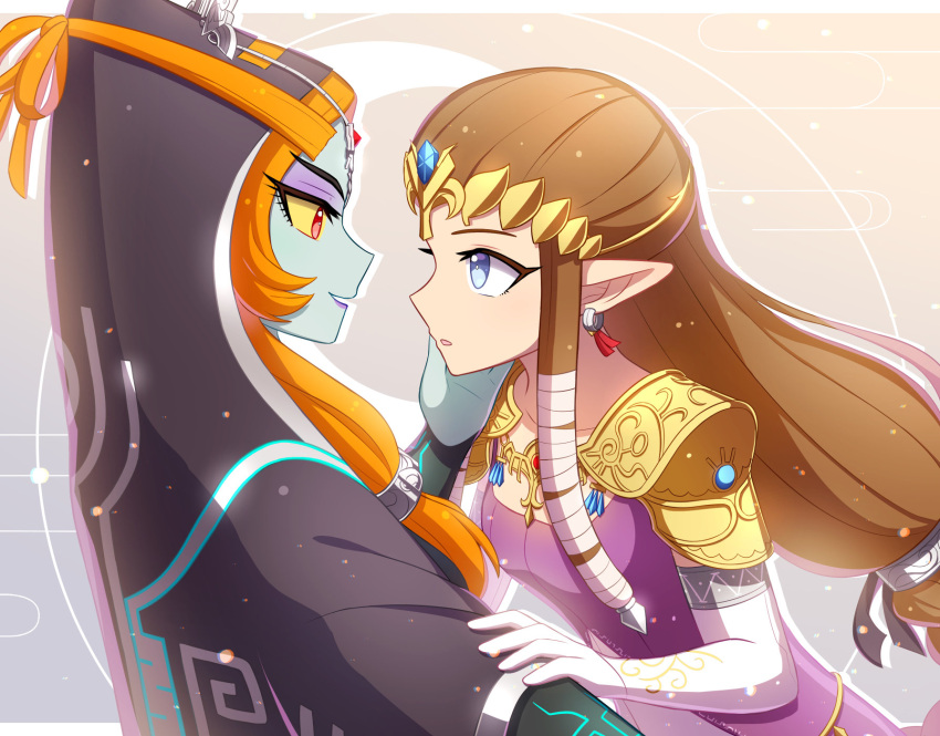 2girls, armor, black_cloak, blue_eyes, blue_skin, brown_hair, cloak, colored_sclera