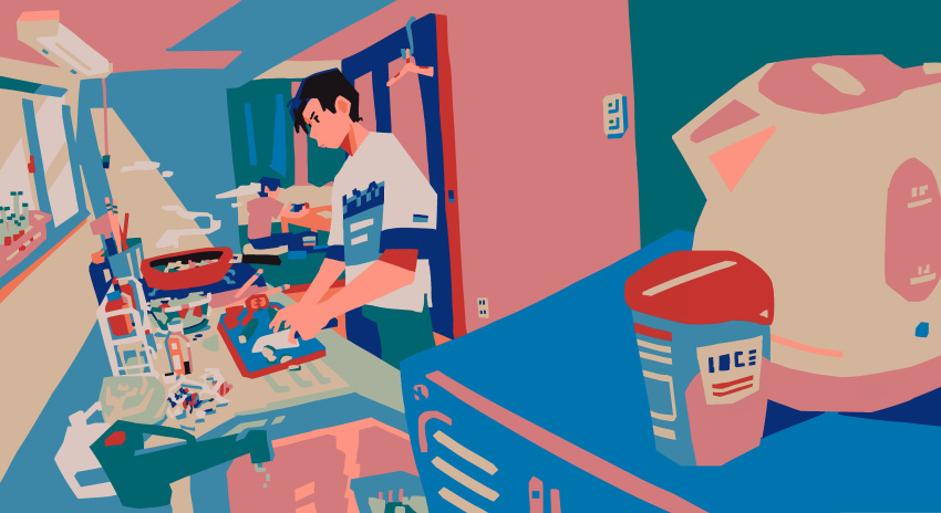 2boys, absurdres, black_hair, cooking, cutting, cutting_board, faucet, from_side