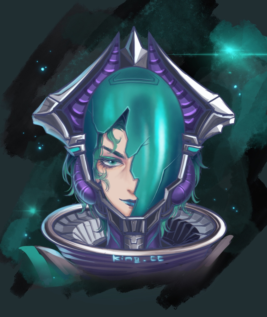 1girl, animification, apex_legends, artist_name, blue_eyes, blue_eyeshadow, blue_hair, blue_lips, broken_helmet, brood_mother_horizon, cable, chinese_commentary, eyeshadow, helmet, highres, horizon_(apex_legends), king.cc, makeup, official_alternate_costume, science_fiction, short_hair, smile, solo, space, spacesuit, v-shaped_eyebrows