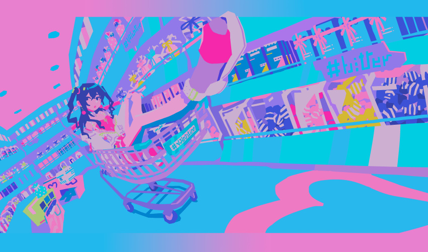 1girl, :o, absurdres, bag, black_hair, black_socks, blue_theme, candy_wrapper