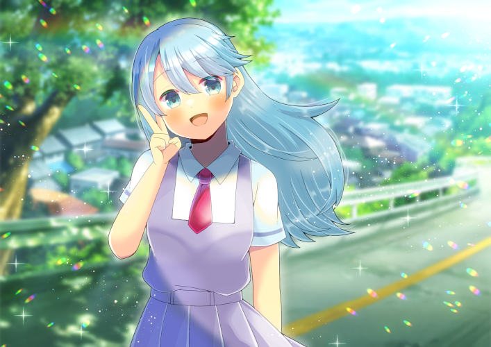 1girl, :d, aoi_shouko, bangs, blue_eyes, blue_hair, blurry, blurry_background, blush, building, collared_shirt, commentary_request, commission, day, depth_of_field, dress, floating_hair, hair_between_eyes, hand_up, head_tilt, kou_hiyoyo, long_hair, looking_at_viewer, necktie, outdoors, pleated_dress, pop'n_music, purple_dress, railing, rainbow, red_necktie, road, shirt, short_necktie, short_sleeves, skeb_commission, sleeveless, sleeveless_dress, smile, solo, tree, v, very_long_hair, white_shirt
