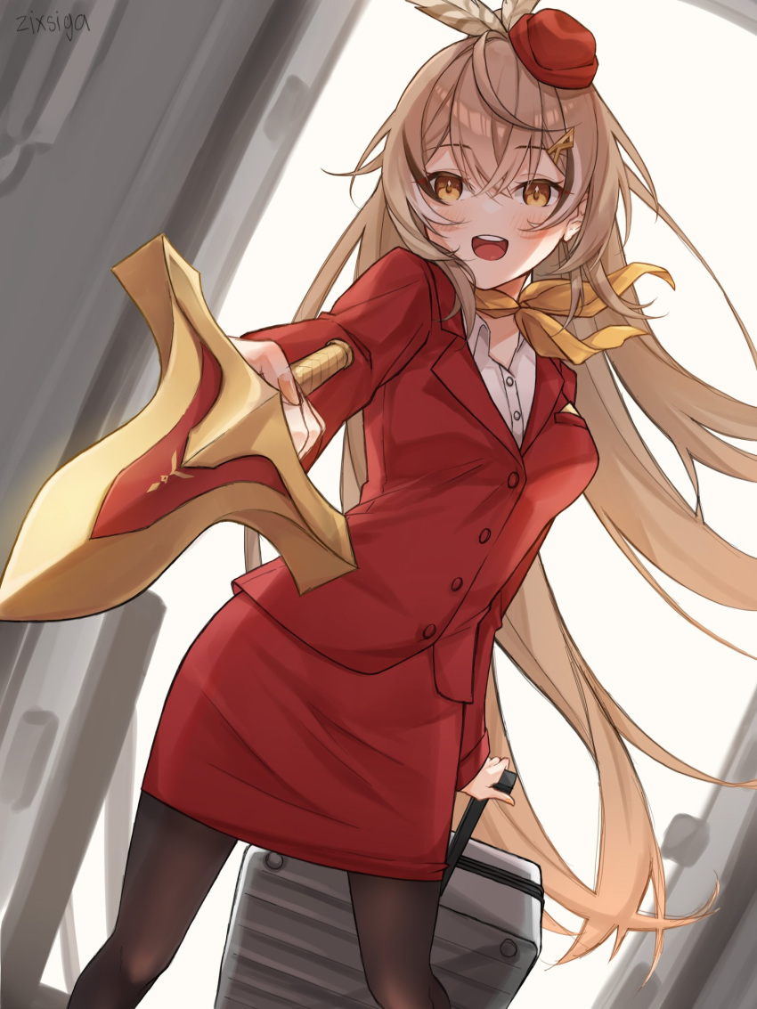 1girl, :d, ahoge, aircraft, airplane, airplane_interior, alternate_costume, bangs