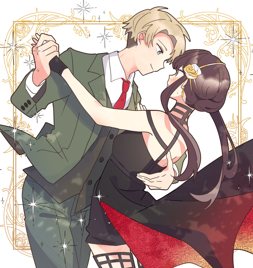 1boy, 1girl, absurdres, bare_shoulders, black_dress, black_hair, blonde_hair, blue_eyes