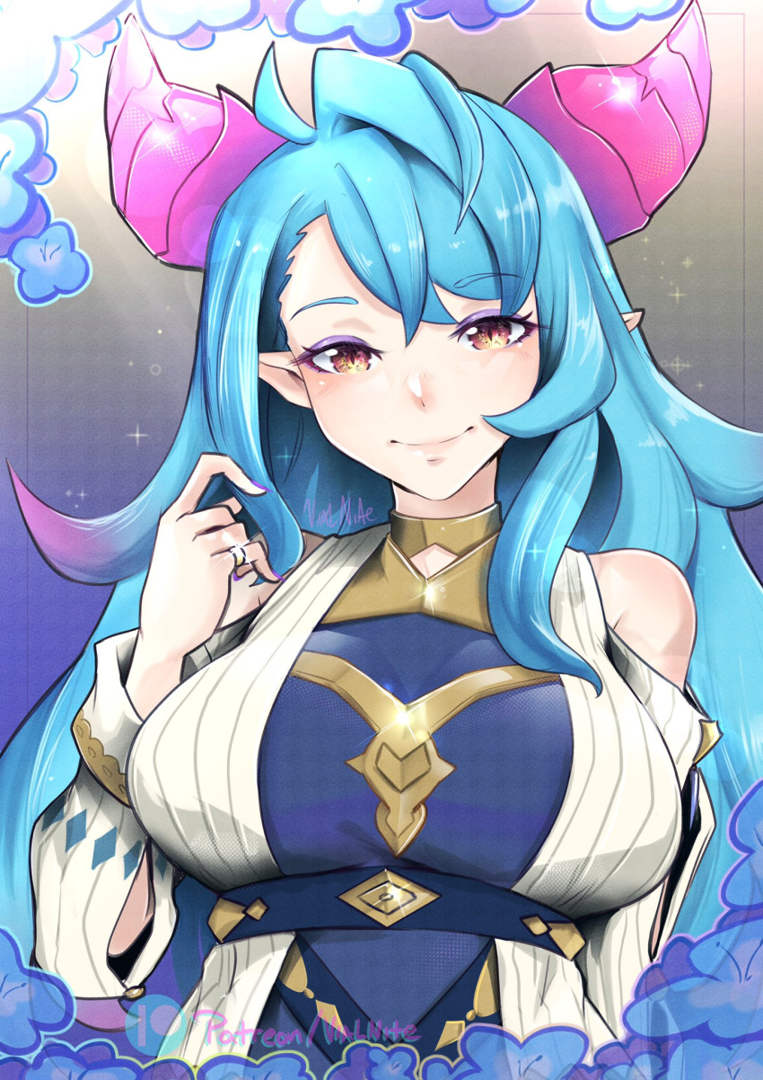 1girl, bangs, bare_shoulders, blue_dress, blue_hair, breasts, colored_tips, dragalia_lost, dragon_girl, dragon_horns, dress, eyeshadow, hair_between_eyes, highres, horns, jewelry, large_breasts, long_hair, long_sleeves, looking_at_viewer, makeup, mercury_(dragalia_lost), multicolored_hair, pink_hair, pointy_ears, purple_eyeshadow, red_eyes, ring, smile, strap, upper_body, vialnite