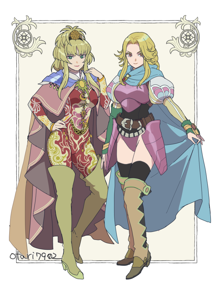 armor, blonde_hair, bodysuit, boots, braid, braided_ponytail, cape, dual_persona, green_eyes, indesign, juliet_sleeves, leotard, long_hair, long_sleeves, protagonist_(romancing_saga_2), puffy_sleeves, red_bodysuit, romancing_saga_2, saga, the_final_empress