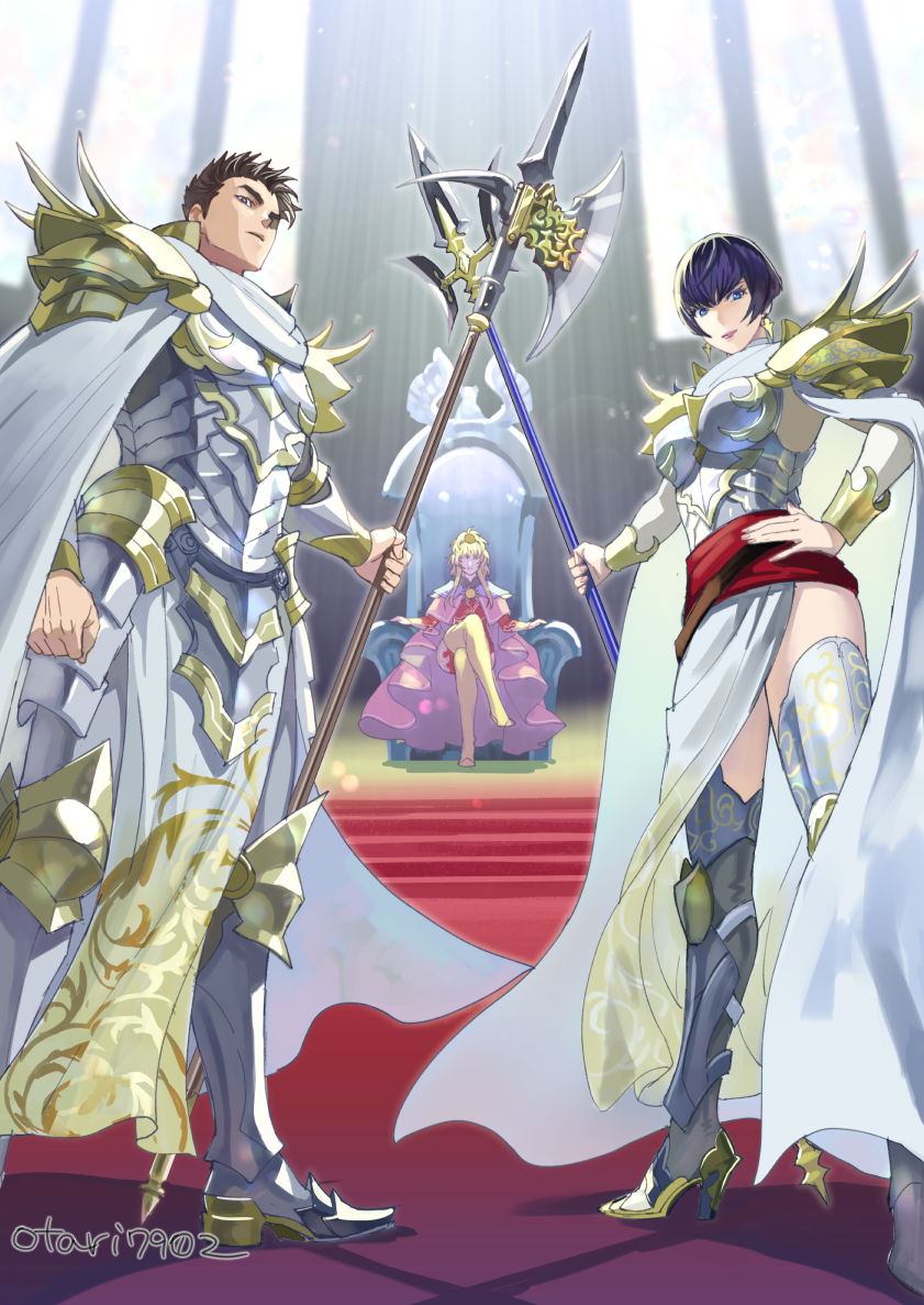 1boy, 2girls, armor, armored_boots, bodysuit, boots, indesign, long_hair