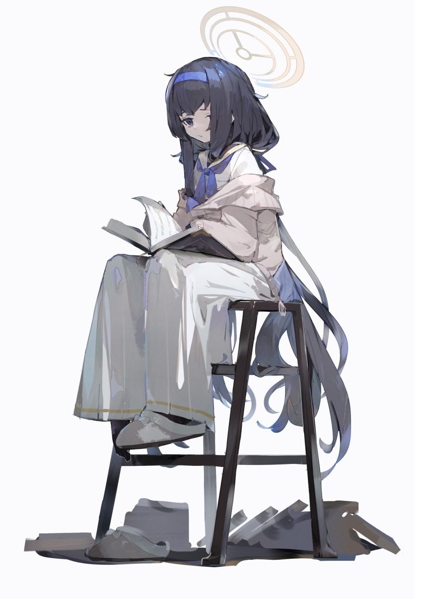 1girl, absurdres, black_hair, blue_archive, blue_hairband, blue_neckerchief, book, cardigan, hairband, halo, highres, holding, holding_book, long_hair, long_skirt, long_sleeves, low_twintails, multiple_halos, neckerchief, sailor_collar, school_uniform, serafuku, sitting, skirt, solo, tota_(sizukurubiks), twintails, ui_(blue_archive), very_long_hair, white_serafuku, yellow_halo