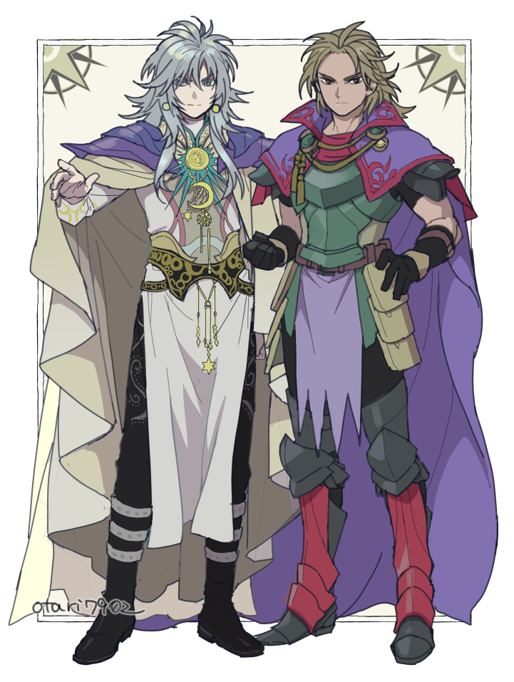 2boys, armor, armored_boots, blonde_hair, boots, cape, cloak, dark-skinned_male, dark_skin, dual_persona, indesign, multiple_boys, protagonist_(romancing_saga_2), romancing_saga_2, saga, shoulder_pads, the_final_emperor, white_hair