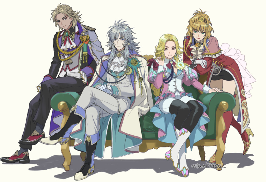 2boys, 2girls, black_suit, blonde_hair, blue_eyes, boots, braid, braided_ponytail