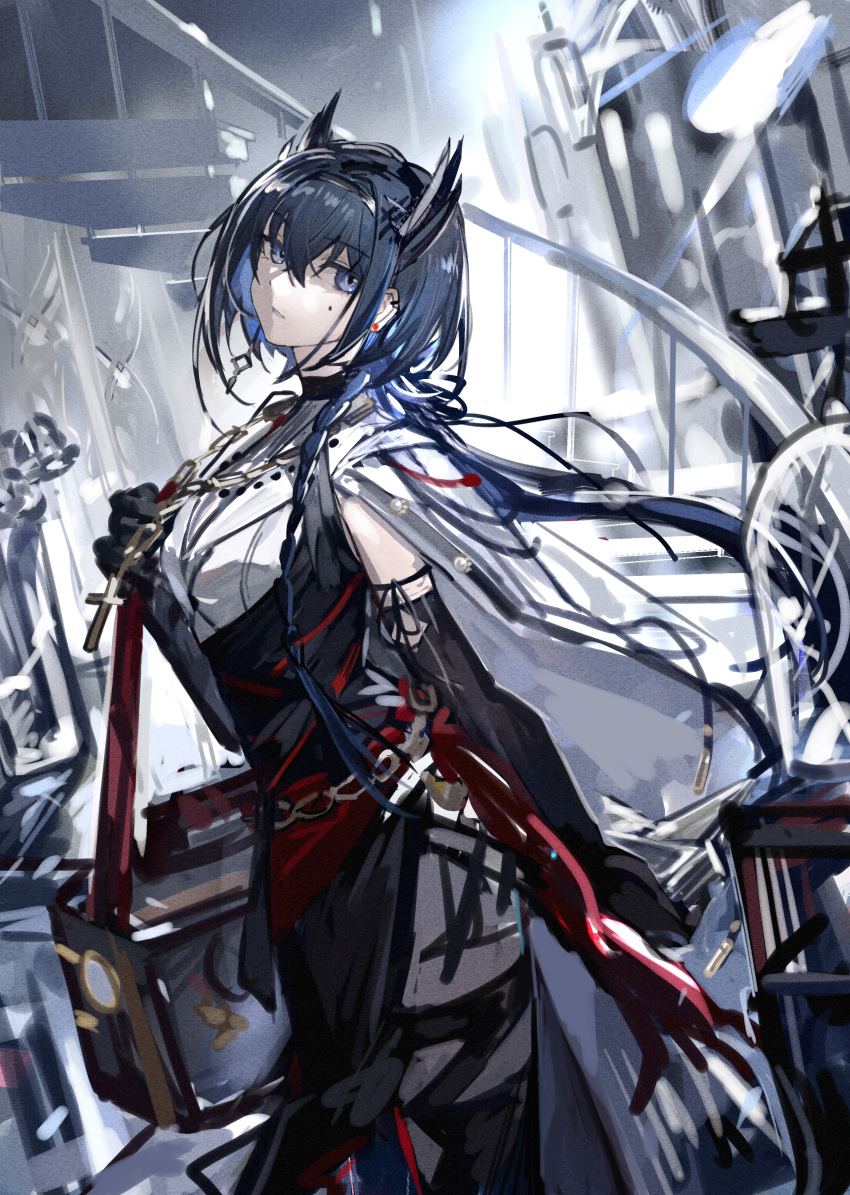 1girl, absurdres, arknights, bag, bangs, black_dress, black_gloves, black_hair, black_hairband, blue_eyes, cantabile_(arknights), commentary_request, cross, cross_necklace, dress, earrings, elbow_gloves, fringe_trim, gloves, hair_between_eyes, hairband, hand_up, highres, holding_strap, horns, jewelry, latin_cross, long_hair, mento, mole, mole_under_eye, necklace, parted_lips, railing, shirt, shoulder_bag, sketch, solo, stairs, stud_earrings, very_long_hair, white_shirt