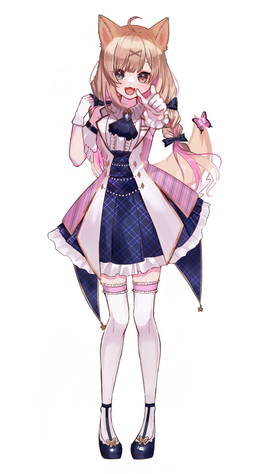 1girl, :d, absurdres, ahoge, animal_ears, ascot, blonde_hair, blue_ascot, blue_bow, blue_dress, blue_eyes, blue_footwear, blue_gemstone, blue_skirt, bow, braid, bridal_garter, brooch, brown_eyes, bug, butterfly, center_frills, coat, coat_dress, collared_shirt, colored_inner_hair, commentary_request, detached_sleeves, dog_ears, dog_girl, dog_tail, dress, fangs, fangs_out, frilled_dress, frills, full_body, gem, gloves, hair_bow, hair_ornament, hand_up, heterochromia, high_heels, highres, inumaki_himari, jewelry, looking_at_viewer, multicolored_hair, multiple_hair_bows, pink_coat, pink_dress, pink_hair, pointing, pointing_at_viewer, raised_eyebrows, shirato_kei, shirt, simple_background, skirt, smile, solo, standing, tail, thigh-highs, twin_braids, virtual_youtuber, wactor_production, white_background, white_gloves, white_shirt, white_thighhighs, x_hair_ornament