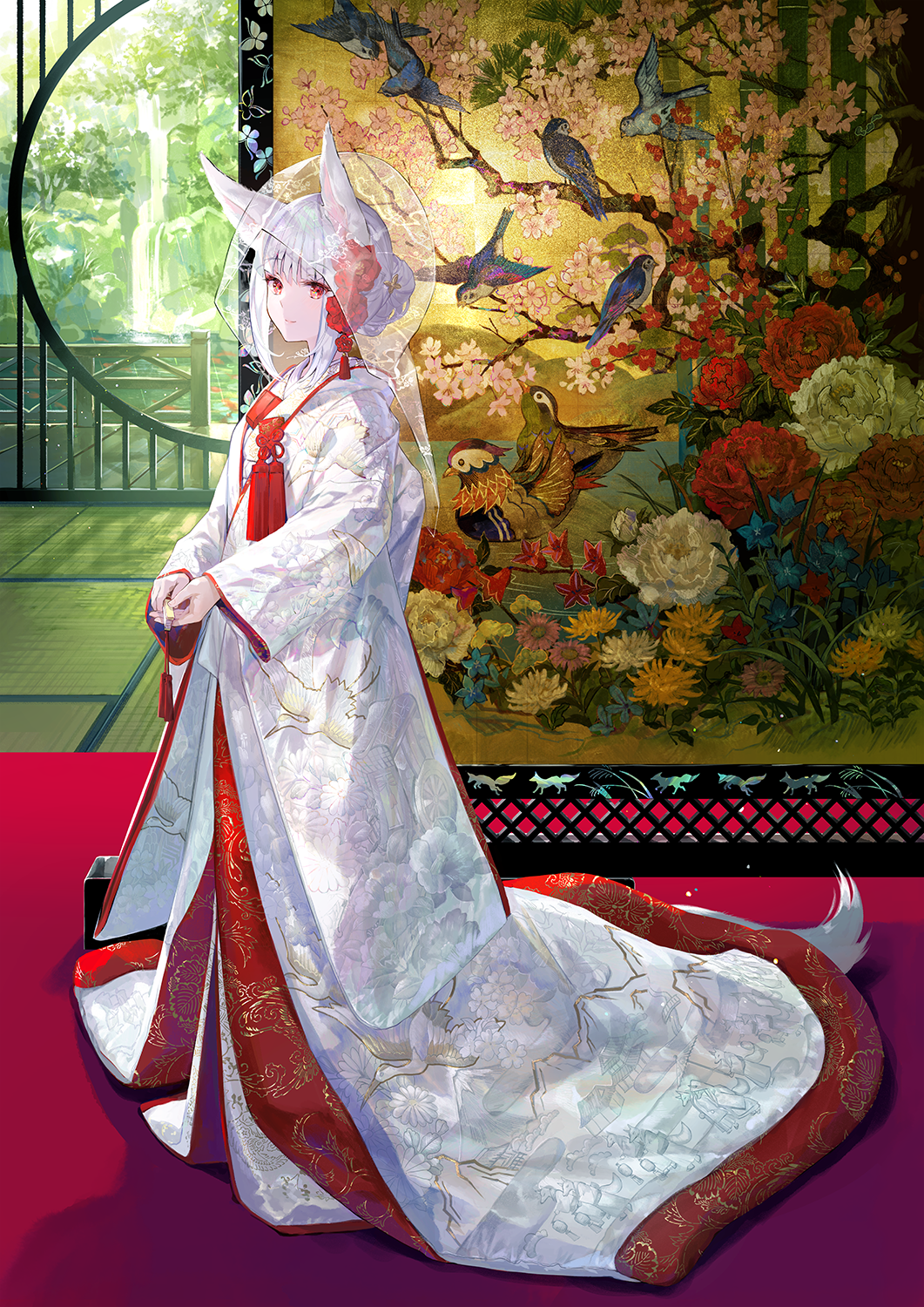 1girl, animal_ears, architecture, bangs, bridal_veil, bride, closed_mouth, commentary_request