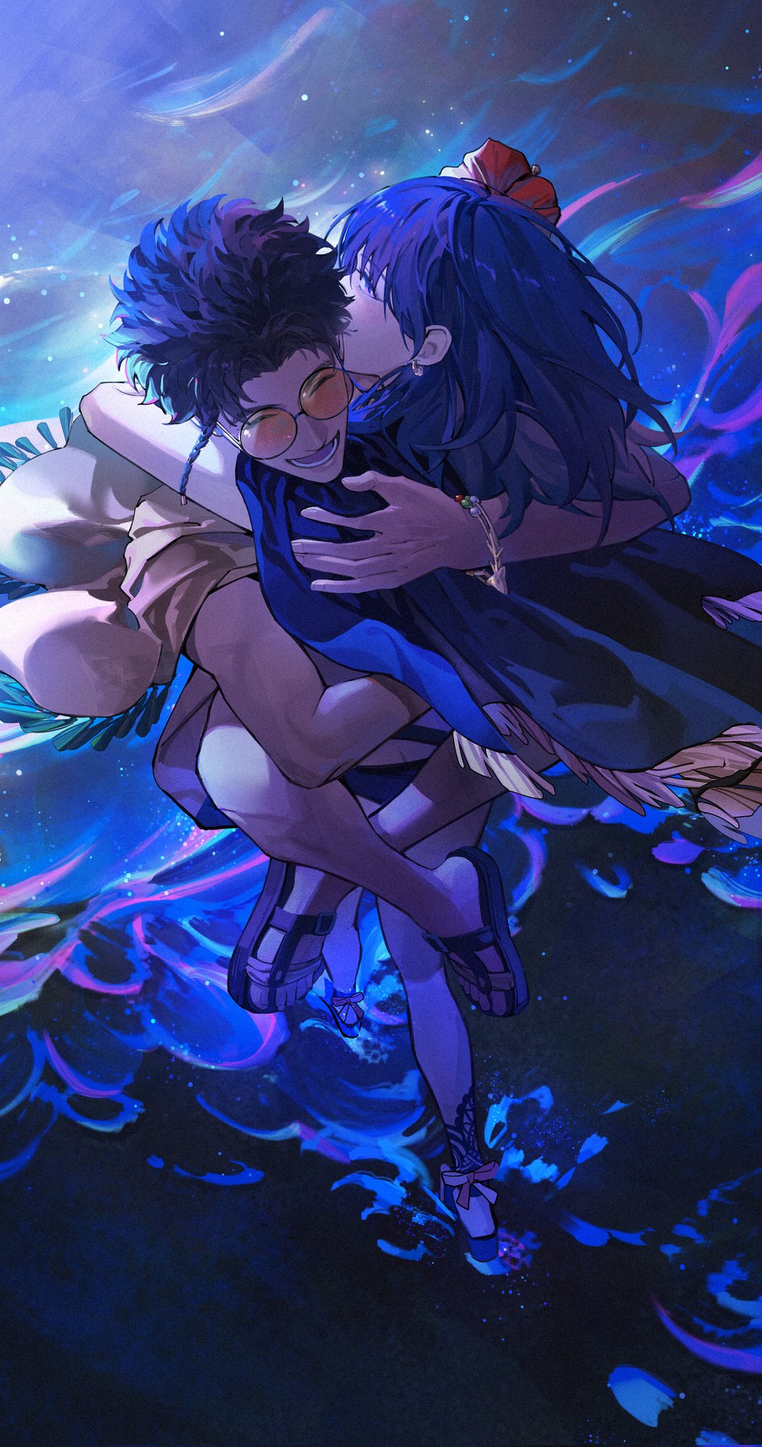 1boy, 1girl, ^_^, beach, bikini, black_bikini, black_capelet, blue_hair, bracelet, braid, byleth_(fire_emblem), byleth_(summer)_(fire_emblem)_(female), byleth_eisner_(female), cape, capelet, claude_von_riegan, closed_eyes, fire_emblem, fire_emblem:_three_houses, fire_emblem_heroes, flower, hair_flower, hair_ornament, highres, hug, jewelry, long_hair, night, open_mouth, red_flower, round_eyewear, sandals, single_braid, smile, sunglasses, swimsuit, yellow_cape, zhihaiwusheng