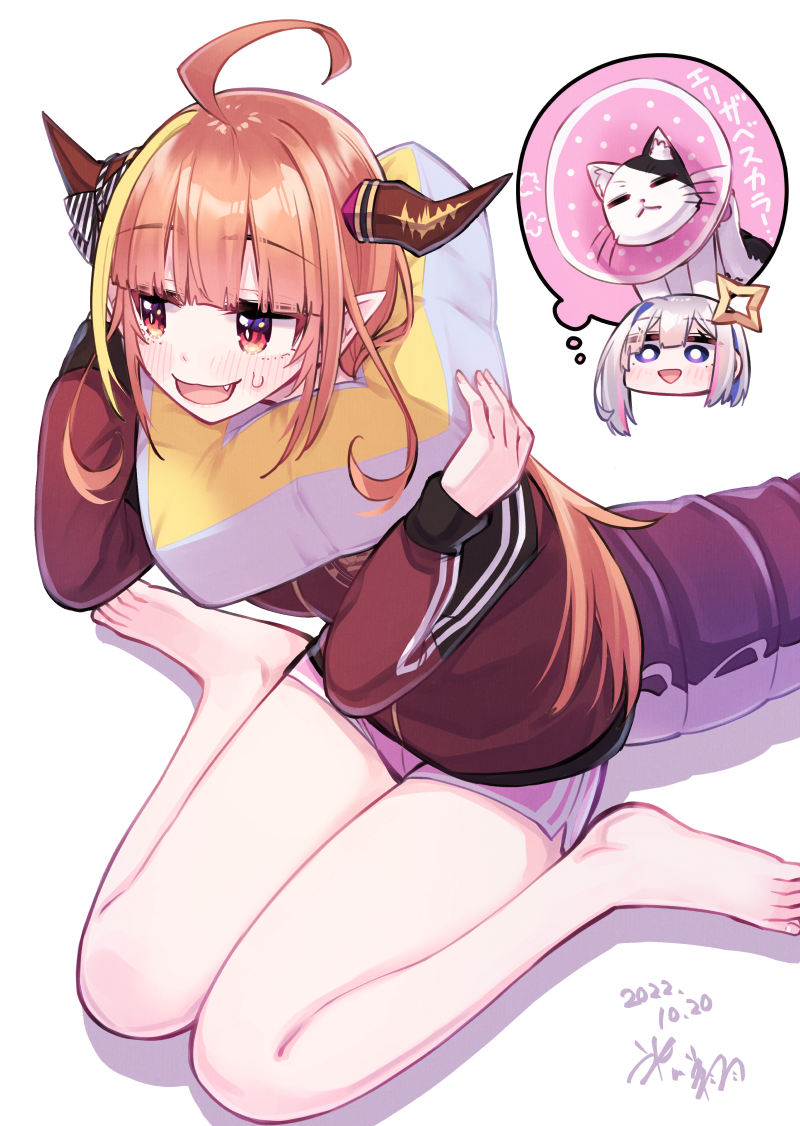 2girls, :3, ahoge, amane_kanata, asymmetrical_hair, bangs, bare_legs, blonde_hair