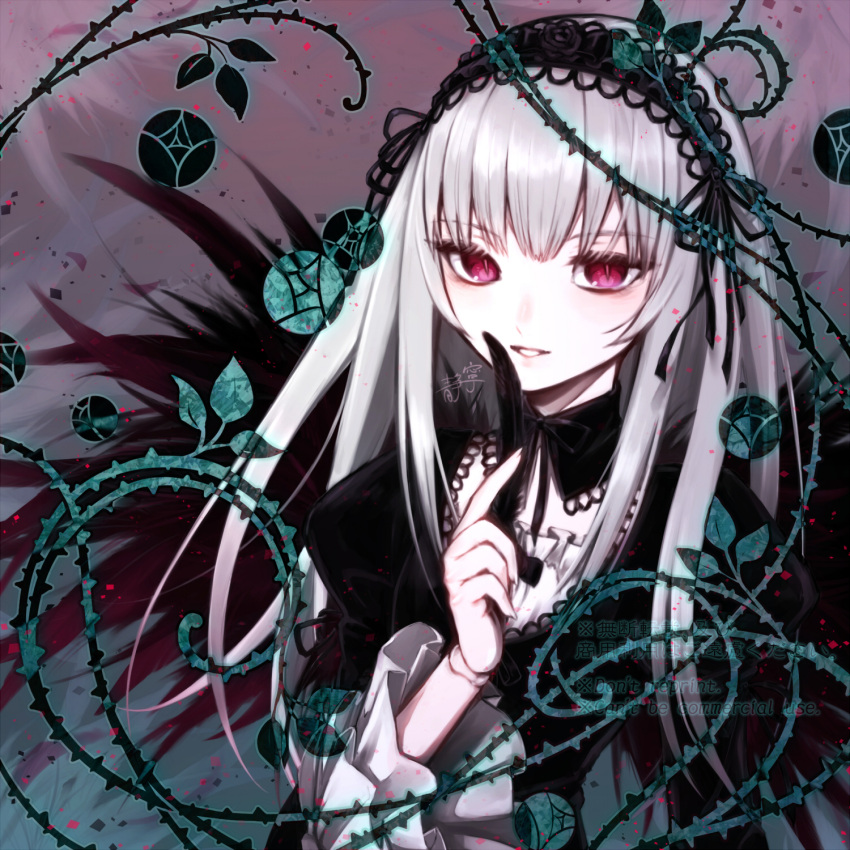 1girl, bangs, black_dress, black_feathers, doll_joints, dress, feathers, frilled_sleeves