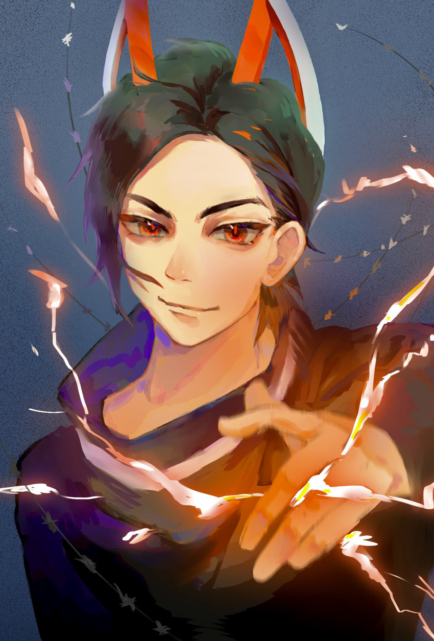 1boy, animal_ears, backlighting, black_hair, black_shirt, blue_background, blue_jacket, breast_pocket