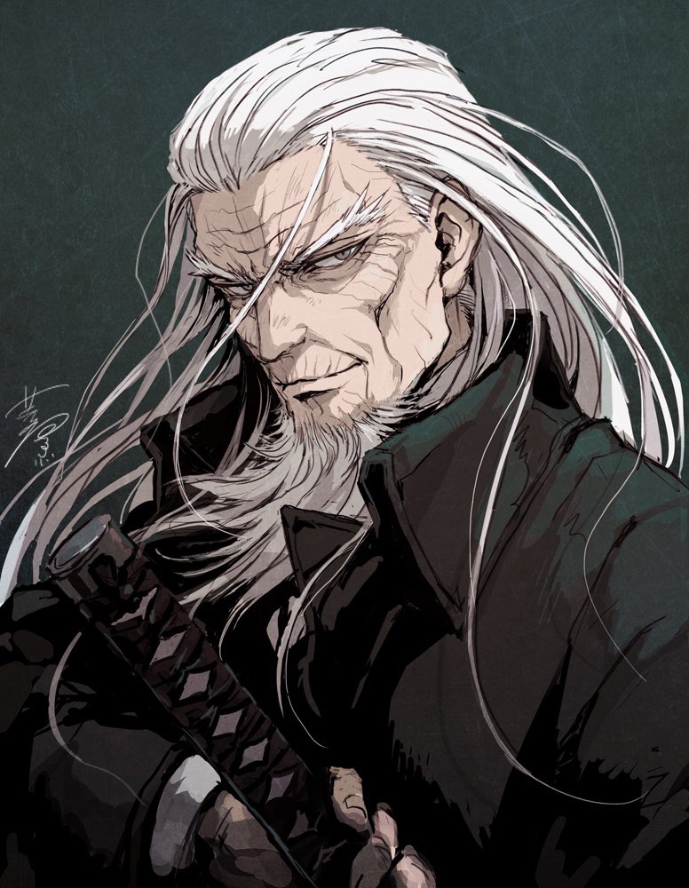 1boy, beard, facial_hair, forked_eyebrows, golden_kamuy, green_background, grey_eyes, hagiya_kaoru