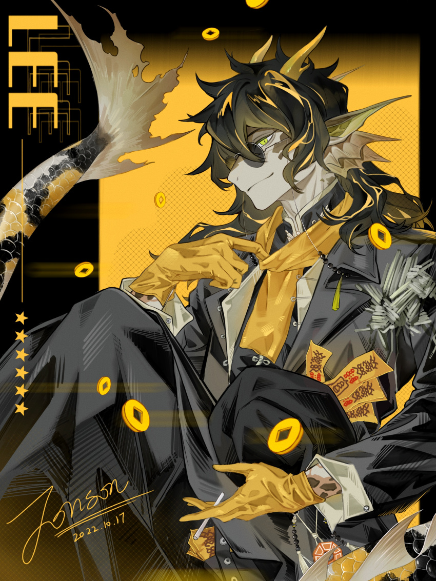 1boy, absurdres, arknights, black_coat, black_hair, black_headwear, black_pants, blonde_hair