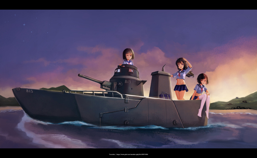 3girls, absurdres, amphibious_ground_vehicle, blue_skirt, breasts, brown_hair, cannon, evening