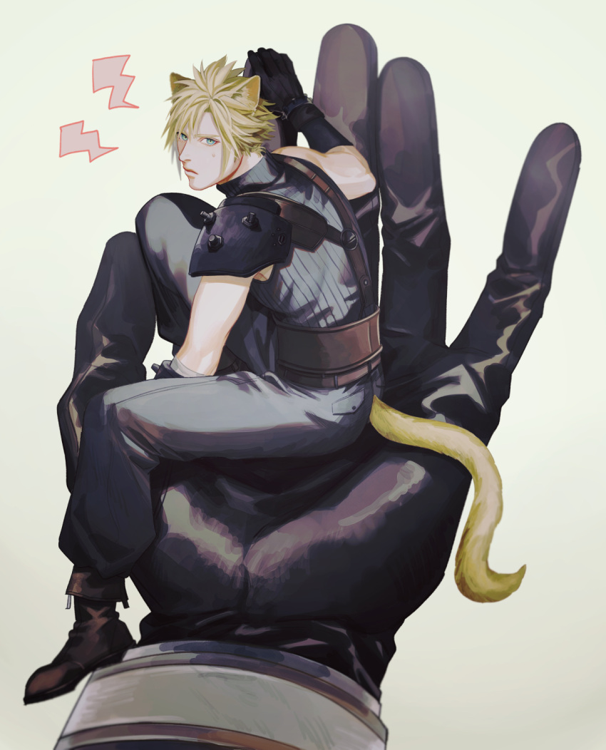 2boys, animal_ears, annoyed, armor, baggy_pants, belt, black_gloves, blonde_hair