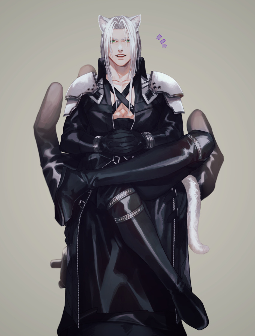 2boys, animal_ears, armor, bangs, black_footwear, black_gloves, black_jacket, black_pants