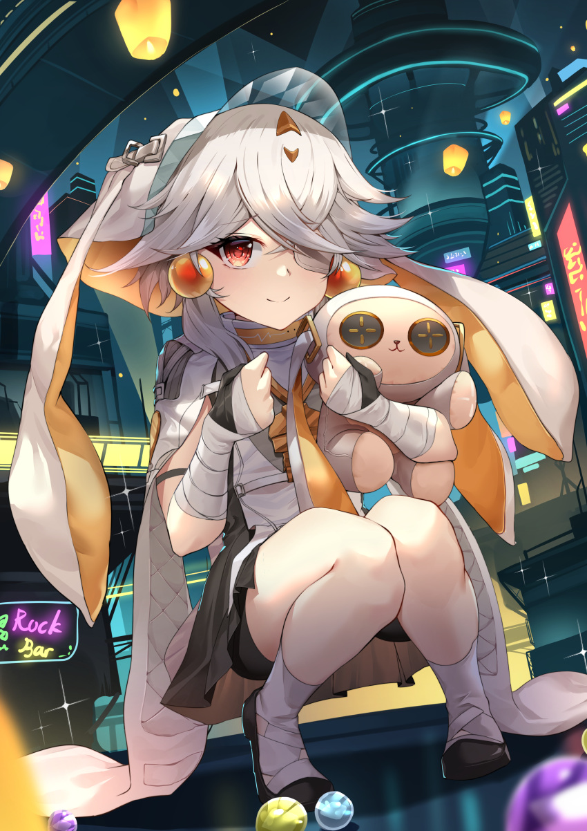 1girl, absurdres, bandaged_arm, bandaged_foot, bandages, bangs, black_0_0p, capelet