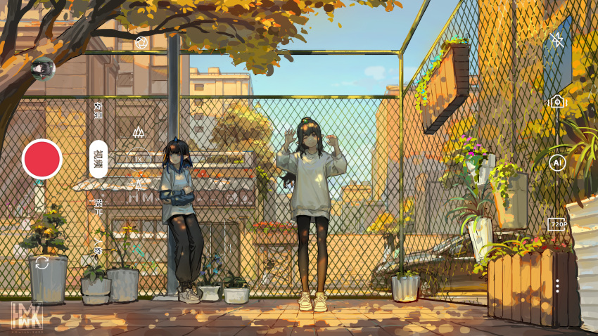 2girls, absurdres, baggy_pants, black_hair, black_pants, blue_eyes, blue_hair, brown_eyes