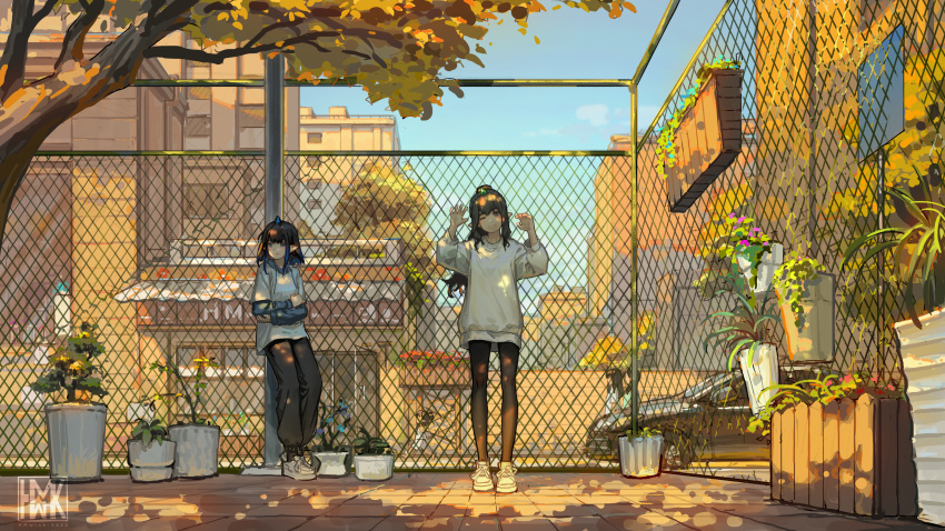 2girls, absurdres, baggy_pants, black_hair, black_pants, blue_eyes, blue_hair, brown_eyes