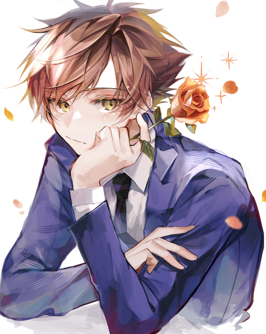 1boy, absurdres, bangs, black_necktie, blazer, brown_hair, collared_shirt, crossed_arms