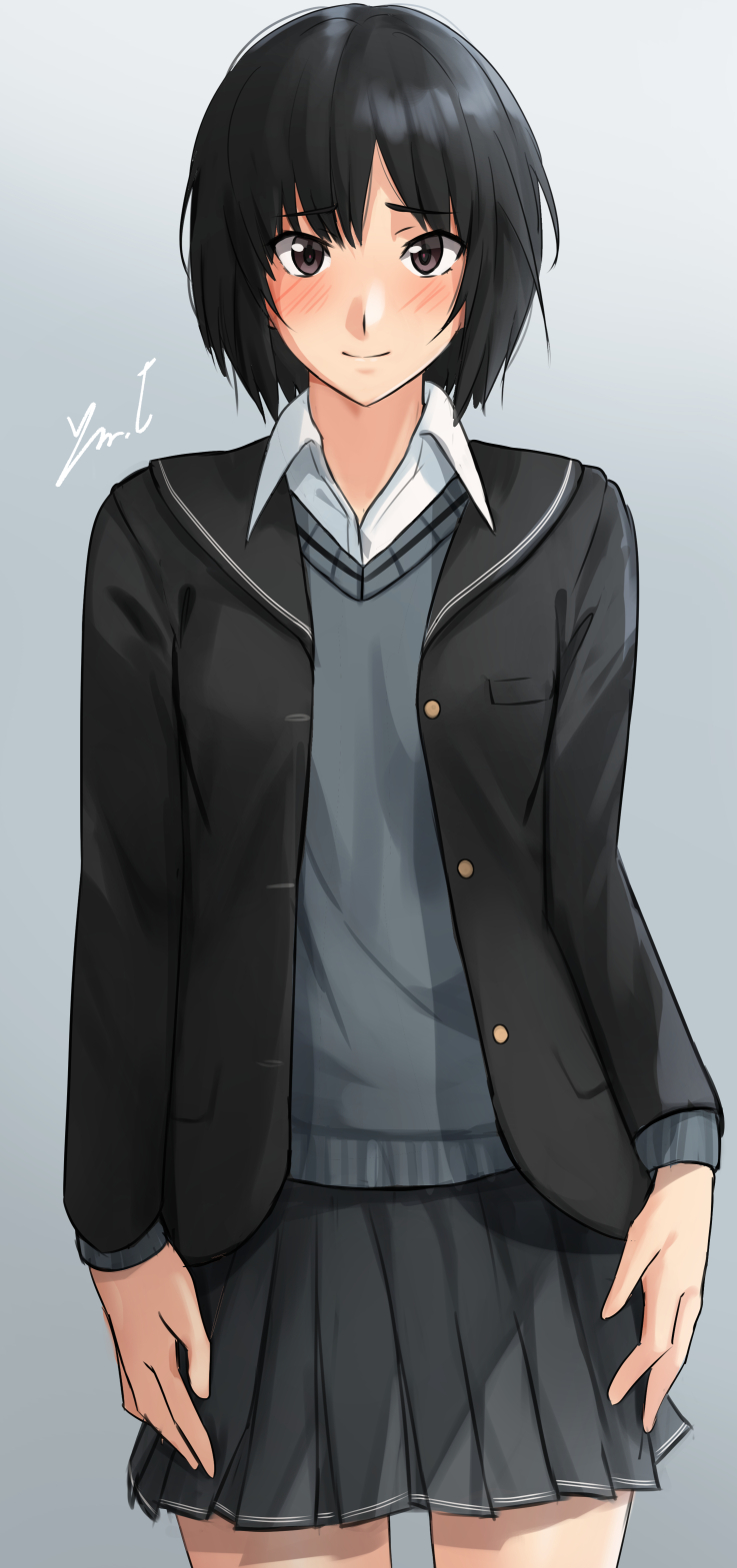 1girl, amagami, black_eyes, black_hair, black_jacket, black_sailor_collar, black_skirt, blue_sweater