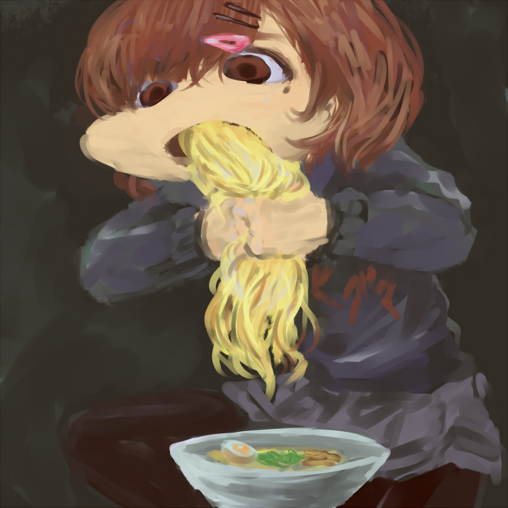 1girl, ai_drawing_anime_characters_eating_ramen_(meme), bangs, bbb_(b-san), black_pantyhose, blue_sweater, bowl, brown_eyes