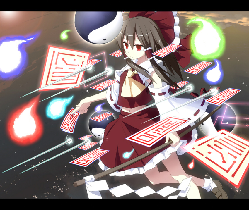 1girl, ascot, between_fingers, bow, brown_hair, collared_shirt, commentary_request, detached_sleeves