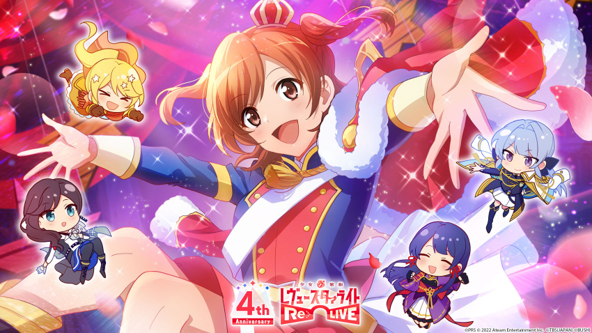 >_<, 5girls, :d, aijou_karen, anniversary, armor, arms_up, artist_request