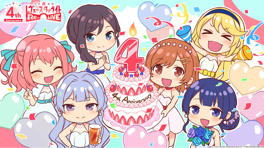 >_<, 6+girls, :d, ^_^, aijou_karen, anniversary, aqua_background, aqua_bow