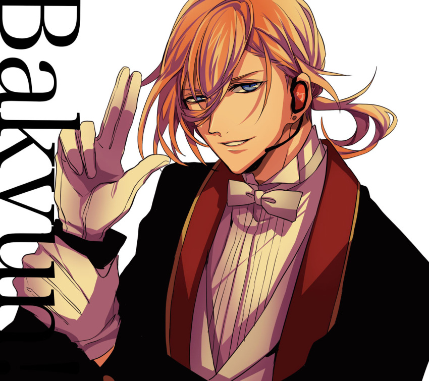 1boy, black_jacket, blue_eyes, bow, bowtie, earpiece, gloves, grey_vest