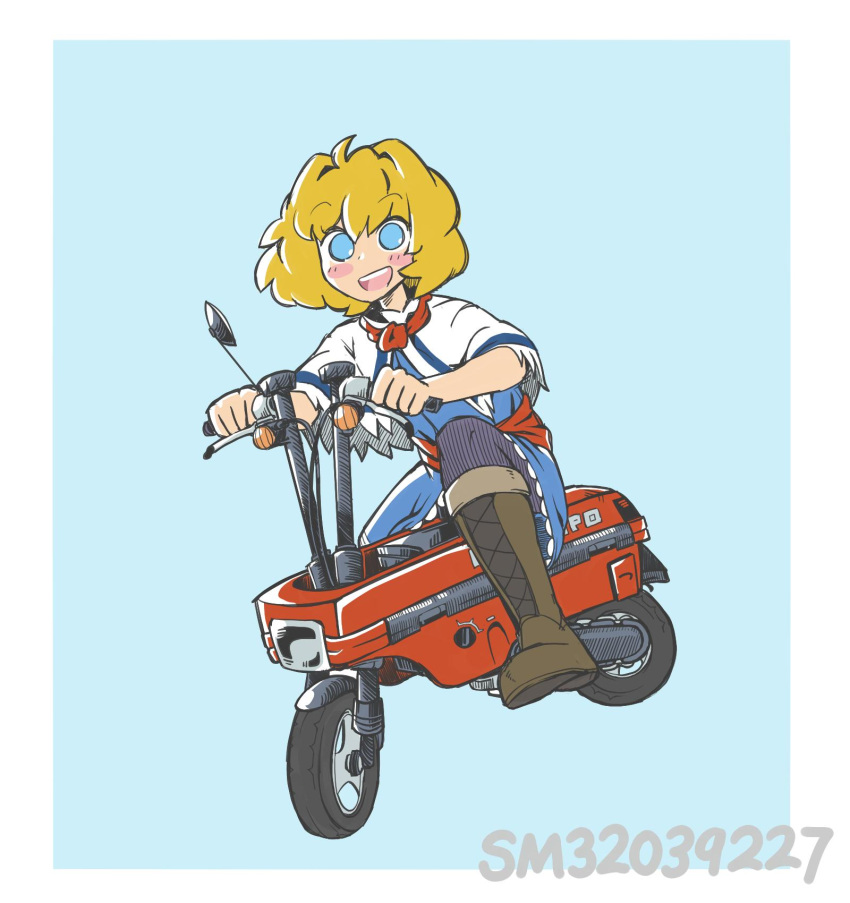 1girl, alice_margatroid, ascot, bangs, blonde_hair, blue_background, blue_dress, blue_eyes