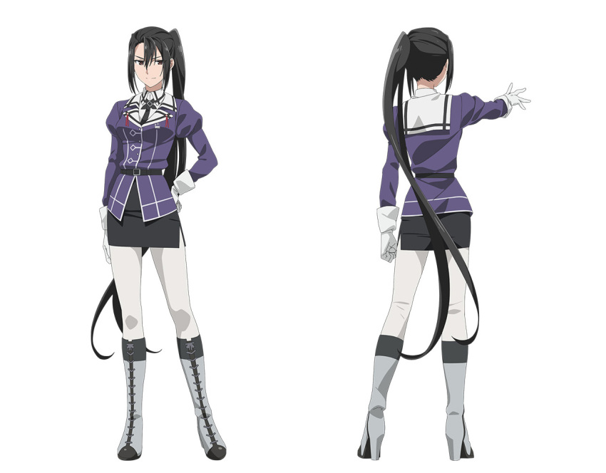 1girl, absurdly_long_hair, black_hair, black_skirt, boots, breasts, brown_eyes, gloves