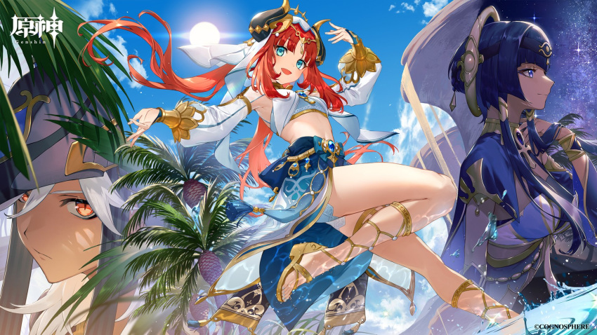 1boy, 2girls, artist_request, bare_legs, blue_eyes, blue_hair, breasts, candace_(genshin_impact)