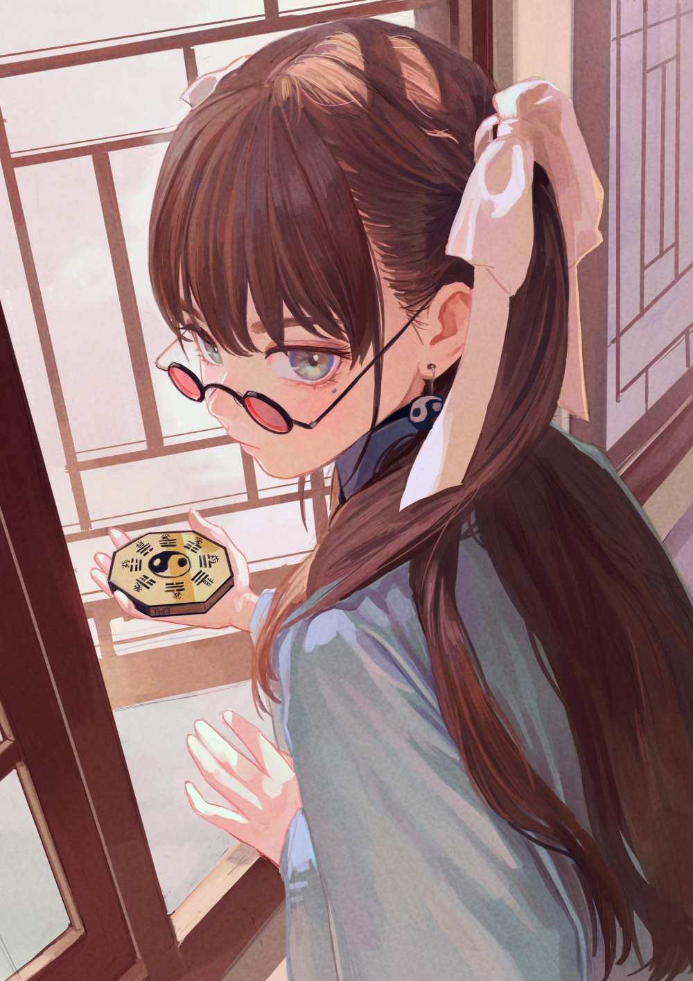 1girl, bagua, bangs, bow, brown_hair, closed_mouth, earrings, eyeball_bracelet_girl_(fkey)