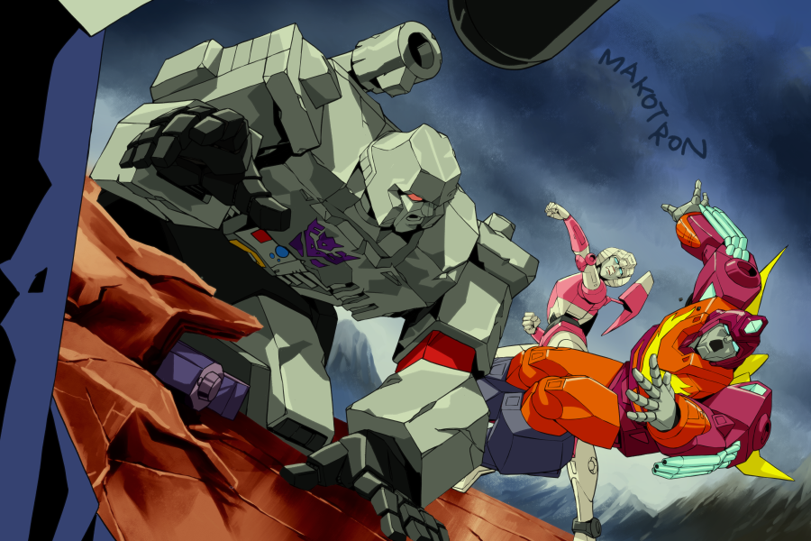 arcee, autobot, blue_eyes, clenched_hands, clouds, cloudy_sky, falling, gun, hot_rod_(transformers), looking_to_the_side, makoto_ono, mecha, megatron, open_hands, open_mouth, punching, red_eyes, robot, science_fiction, sky, surprised, transformers, weapon