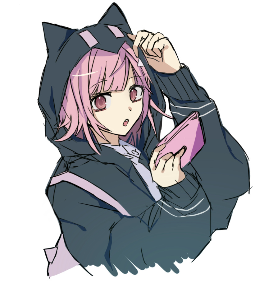 1girl, :o, arm_up, backpack, bag, bangs, cropped_torso, danganronpa_(series)