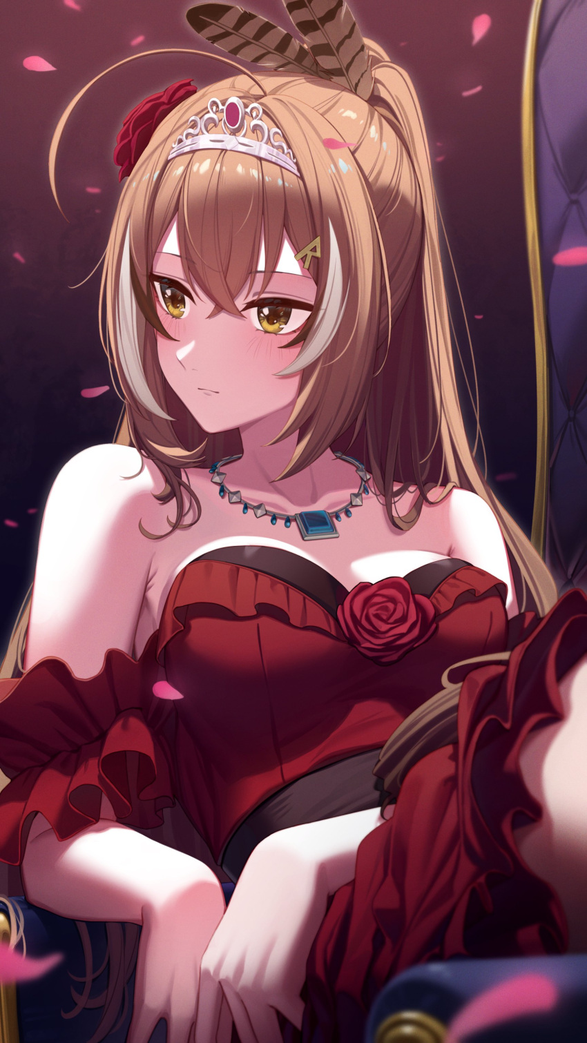 1girl, absurdres, ahoge, armchair, bangs, brown_eyes, brown_hair, chair