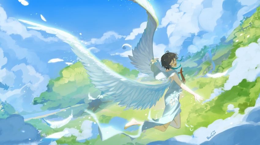 1boy, ahoge, androgynous, bangs, barefoot, black_hair, blue_cat_(22478475), blue_hair, braid, closed_eyes, feathered_wings, flower, genshin_impact, gradient_hair, highres, holding, holding_instrument, instrument, lyre, male_focus, multicolored_hair, open_mouth, robe, short_hair_with_long_locks, solo, twin_braids, venti_(genshin_impact), white_flower, white_robe, white_wings, wings