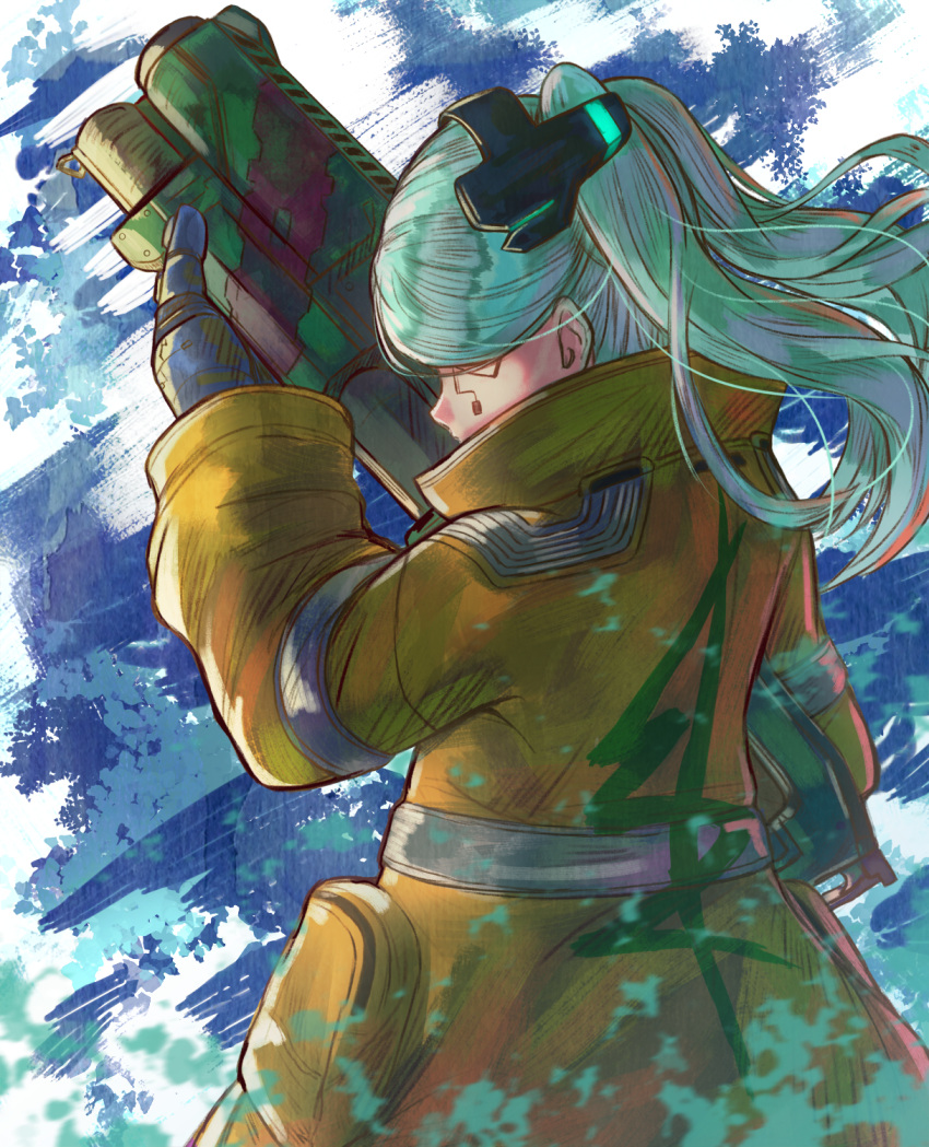 1girl, arm_up, blue_gloves, blue_hair, brown_coat, coat, commentary, cyberpunk_(series)