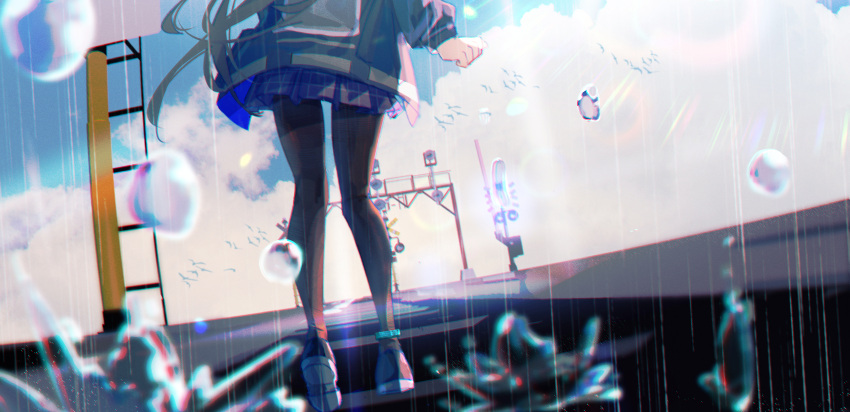 1girl, amiya_(arknights), anklet, arknights, black_hair, black_jacket, black_pantyhose, blue_skirt